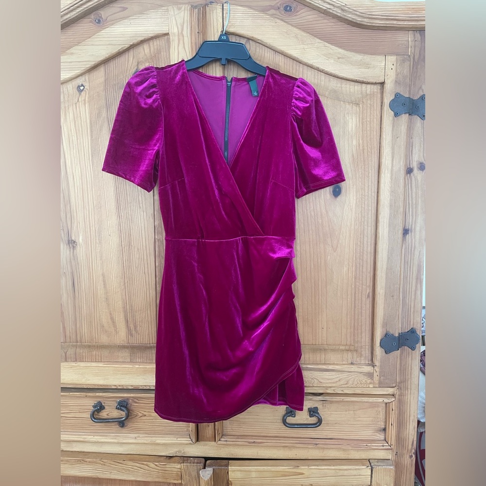 Fuscia Velvet V-Neck Mini Dress